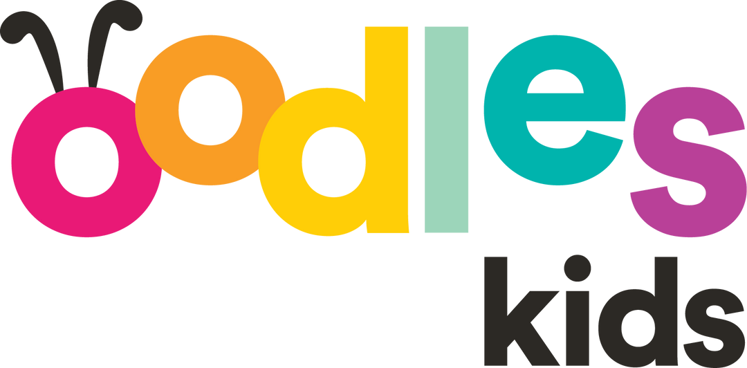 Colorful logo for 'Oodles Kids' with cartoon character on a white background