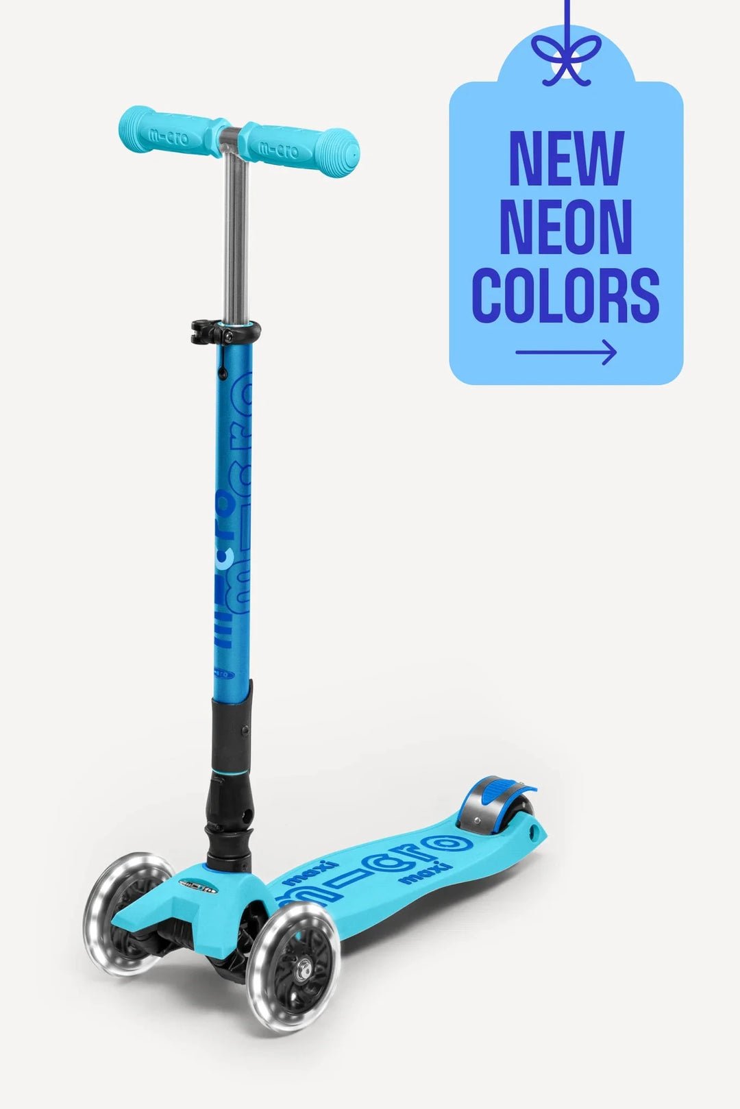 Blue scooter with a tag indicating 'New Neon Colors' on a white background