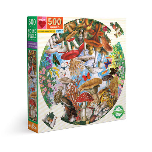 Mushrooms + Butterflies 500-piece Round Puzzle