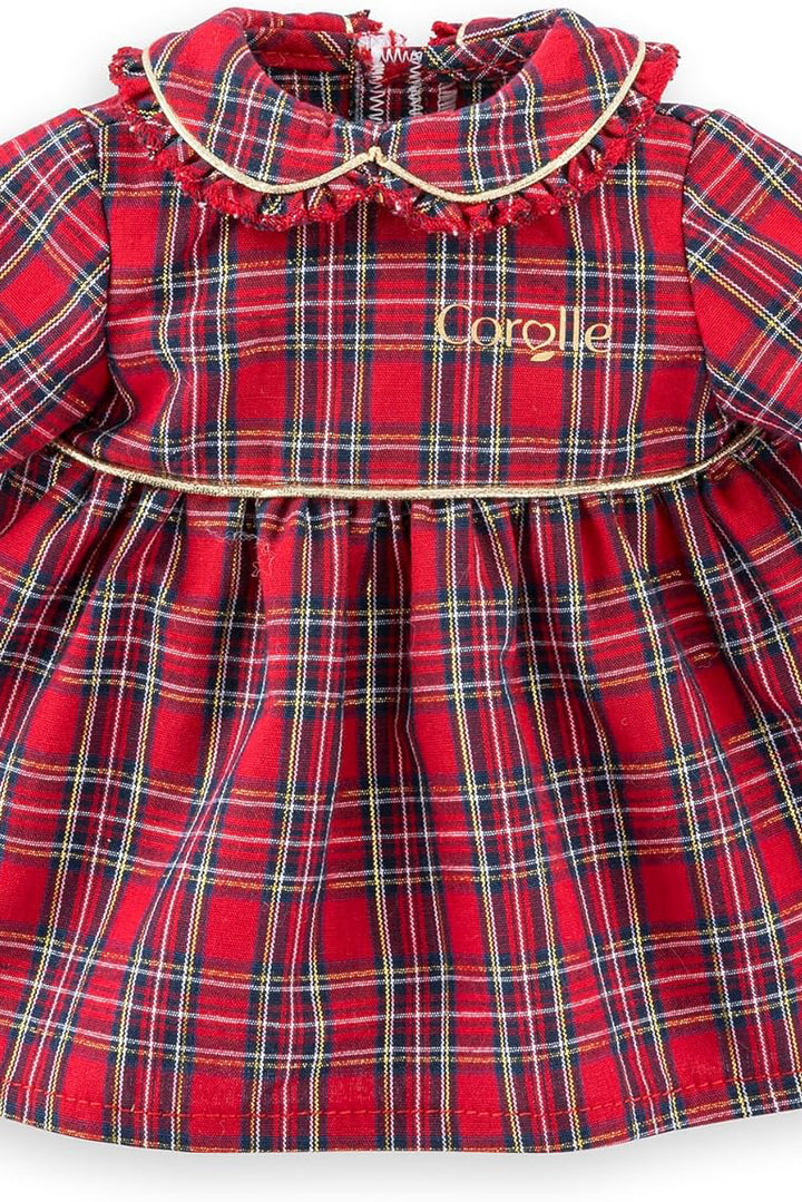 Red plaid dress with a ruffled collar on a white background