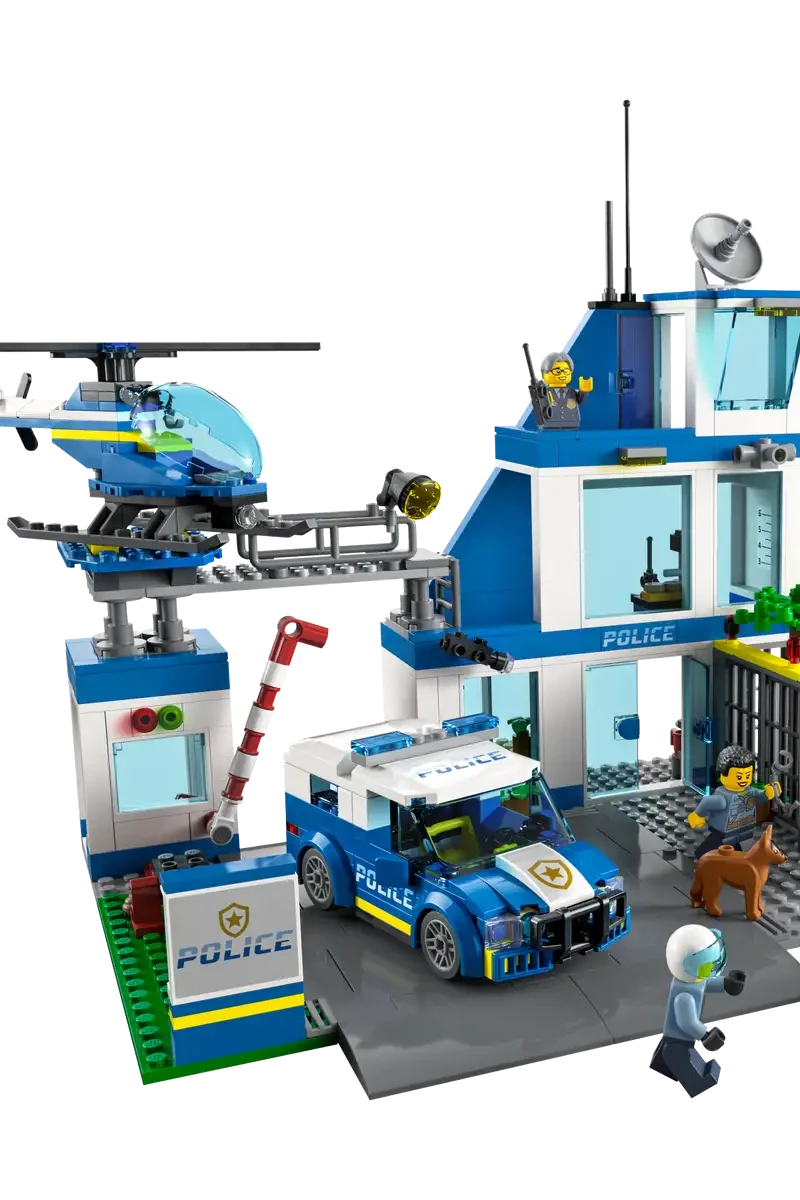 Lego Police Station cutout photo with car and garbage truck, helicopter 