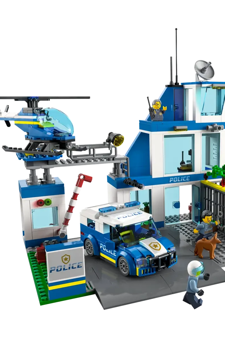 Lego Police Station cutout photo with car and garbage truck, helicopter 