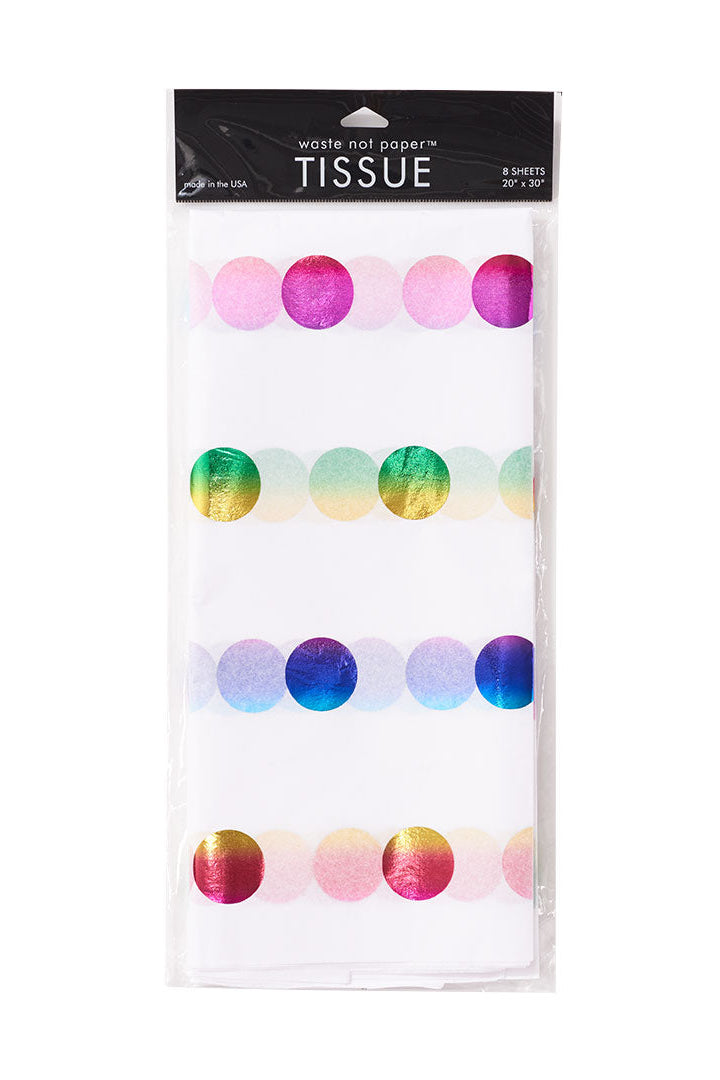 Packaged tissue paper with colorful dot pattern on a white background