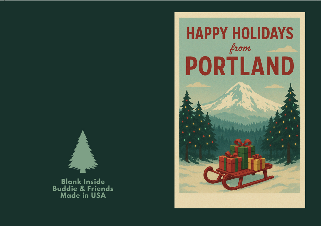 Holiday card with 'Happy Holidays from Portland' text, featuring a sled with presents and a mountain in the background.