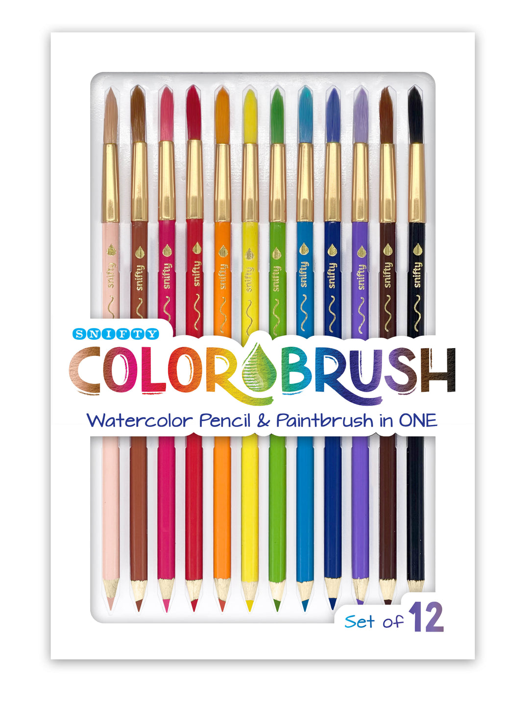 Set of 12 Colorbrush watercolor pencils and paintbrushes in a packaging on a white background