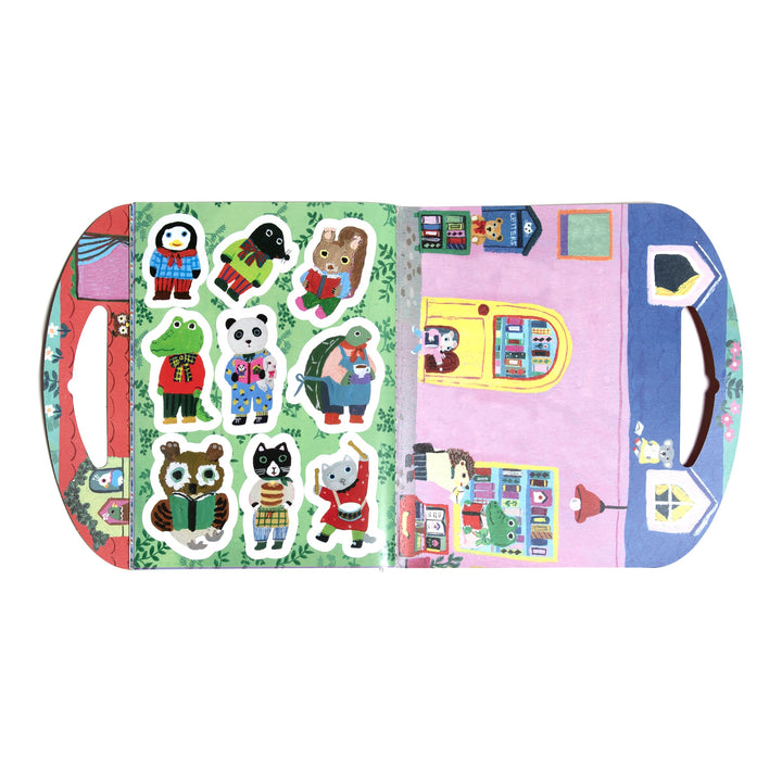 Children's sticker book with animal illustrations on a white background