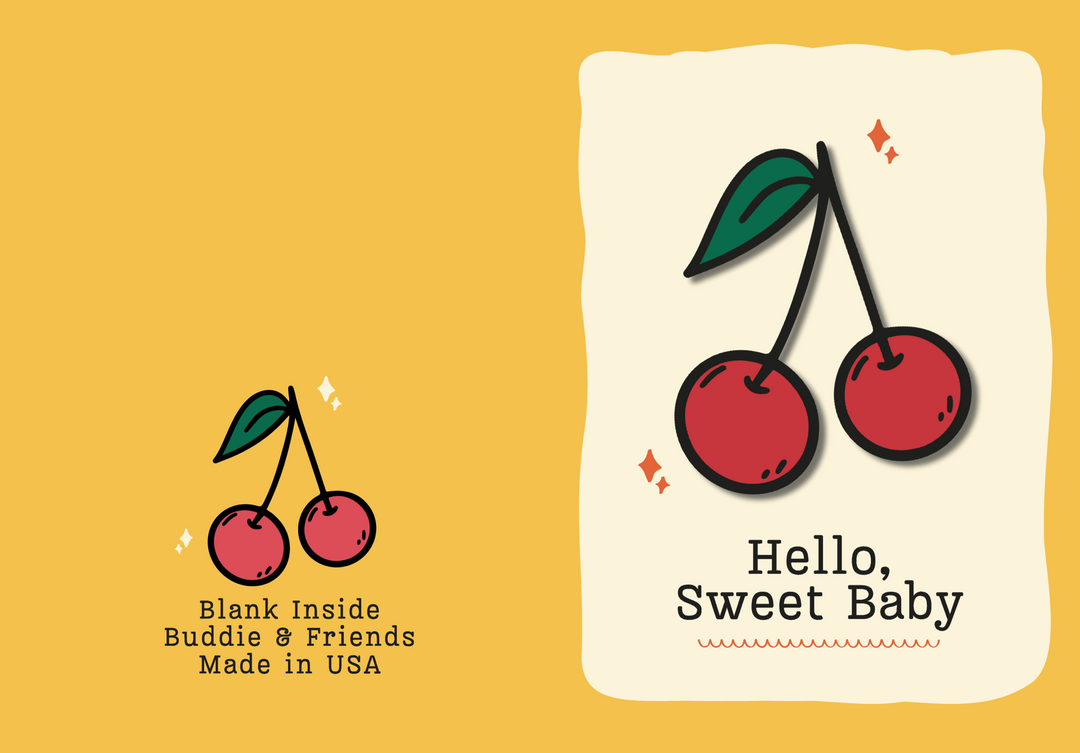 Illustration of cherries on a yellow background with text about a product made in the USA.