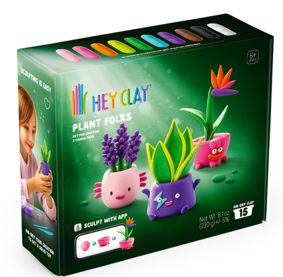 Hey Clay Plant Folks toy set packaging with colorful clay sticks and plant-themed figures.