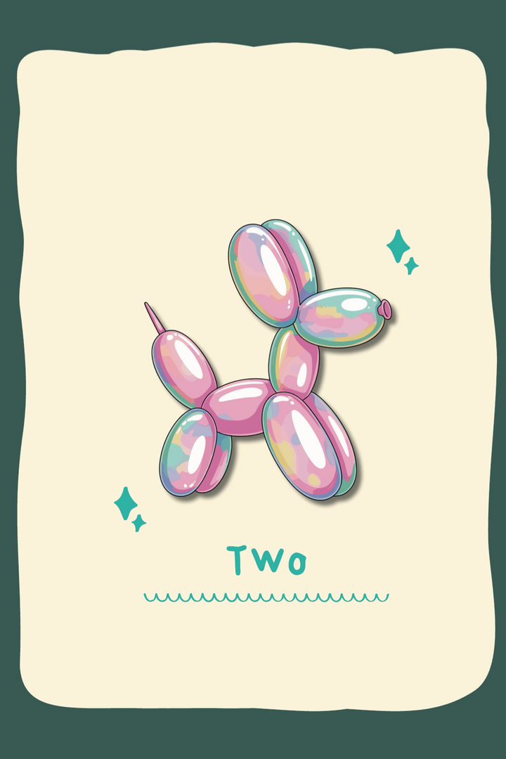 Balloon dog design on a beige background with the number 'Two'.