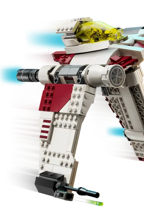 LEGO model of a starship on a white background