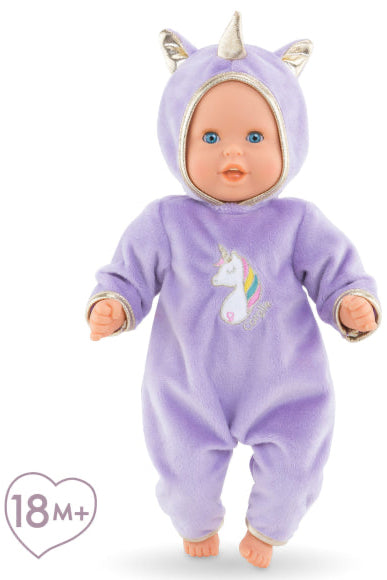Baby doll in a purple unicorn onesie with measurement details on a white background