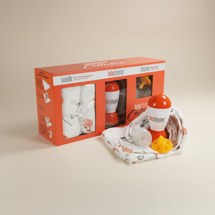 Baby Shusher Collection Gift Set – Sound Machine, Silicone Pacifiers & Muslin Swaddles for Newborns