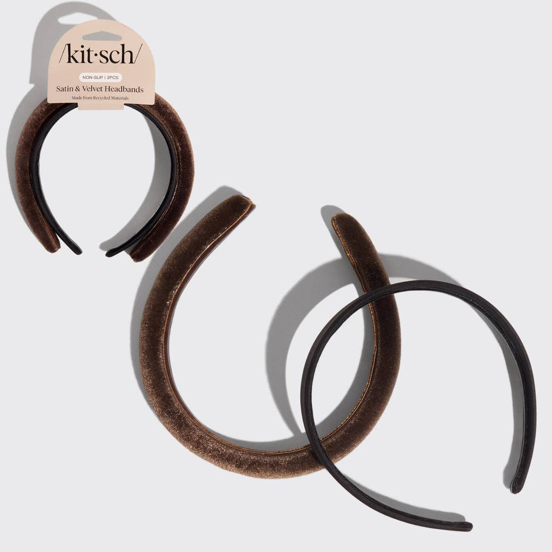 Recycled Fabric Satin & Velvet Headbands 2pc Set-Black/Choco