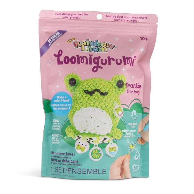 Loomigurumi kit packaging with a green frog character on a pink background