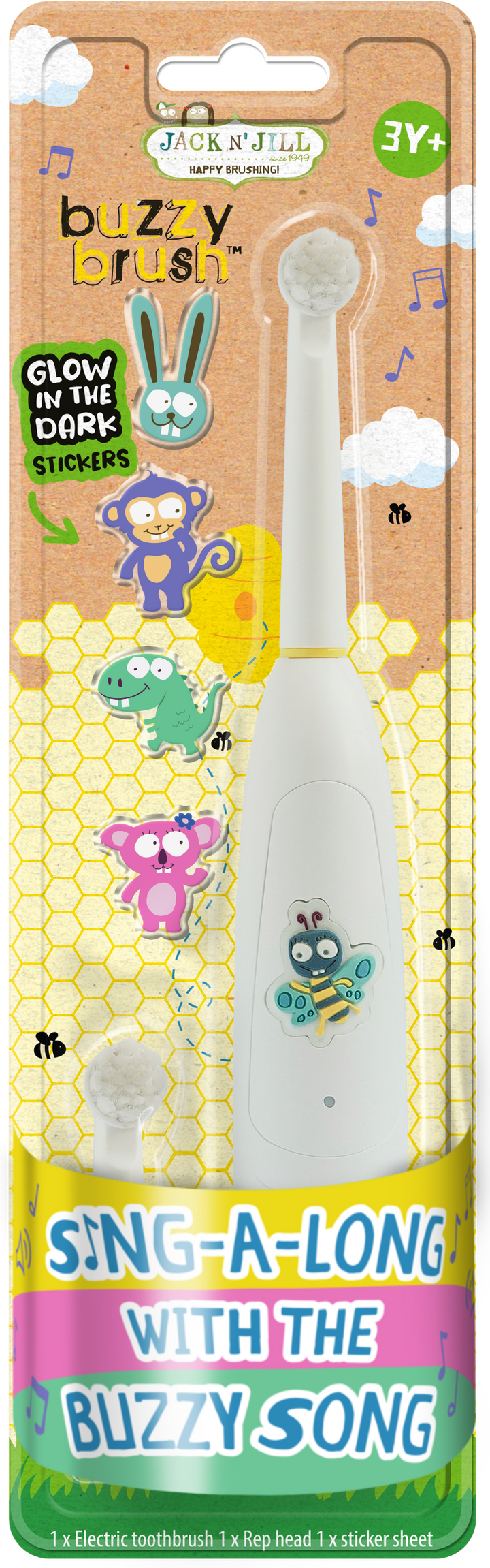 Children's electric toothbrush in packaging with cartoon characters and text.