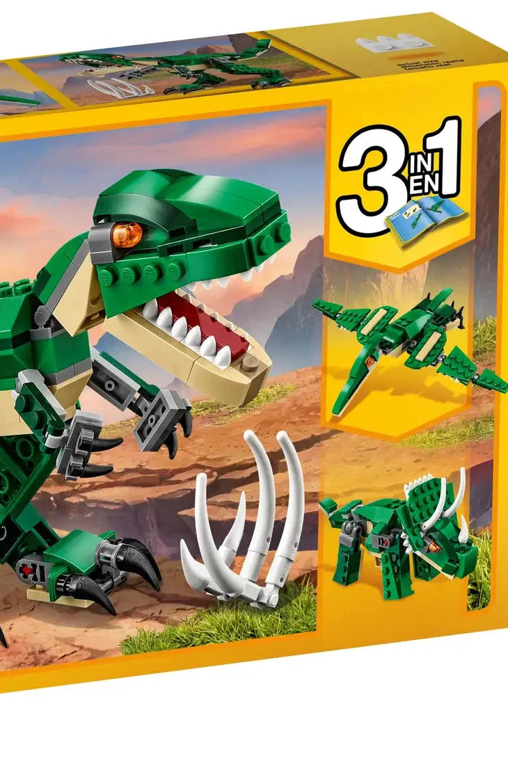 LEGO Creator Mighty Dinosaurs set packaging with mountain and desert background