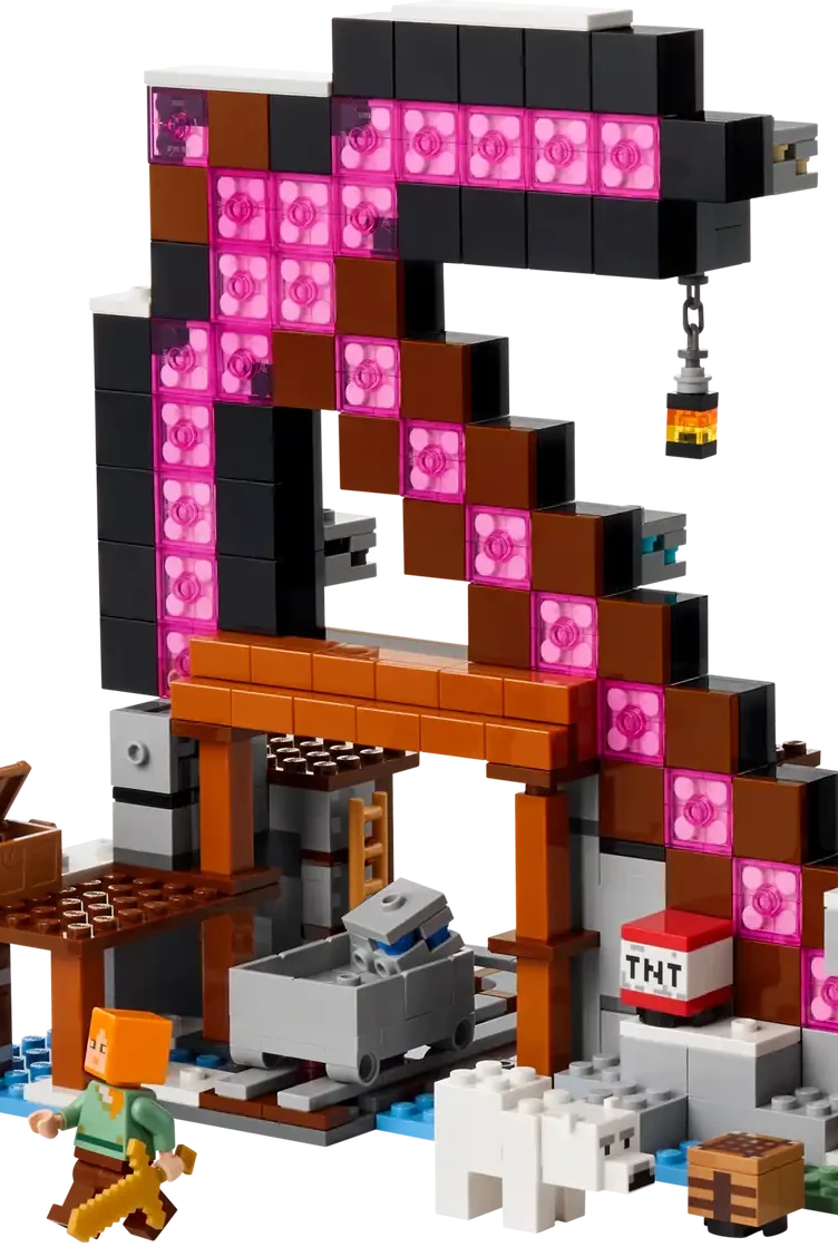 LEGO Minecraft set with characters and structures on a white background