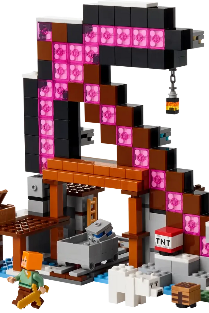 LEGO Minecraft set with characters and structures on a white background