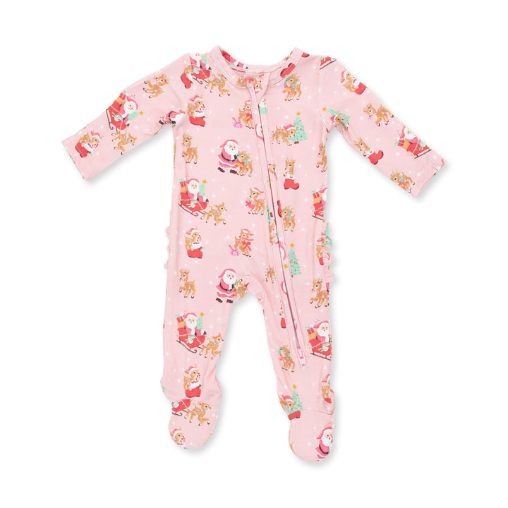 Vintage Reindeer Pink Ruffle Zip Footie