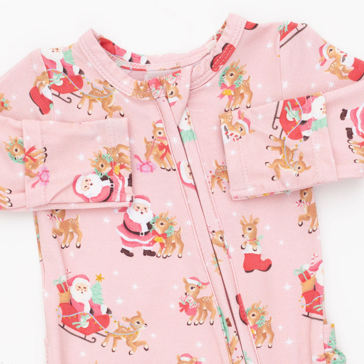 Vintage Reindeer Pink Ruffle Zip Footie