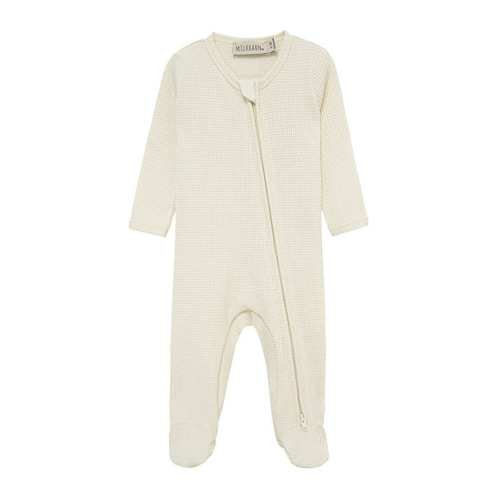 Cream Waffle Zipper Footie Romper