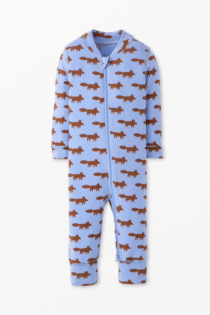 Baby onesie with fox pattern on a light blue background