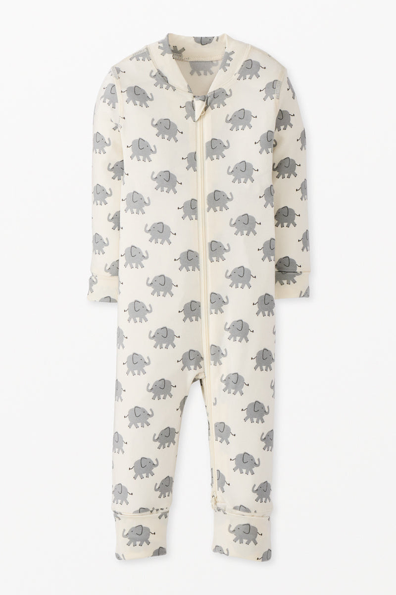 Baby onesie with elephant pattern on a white background