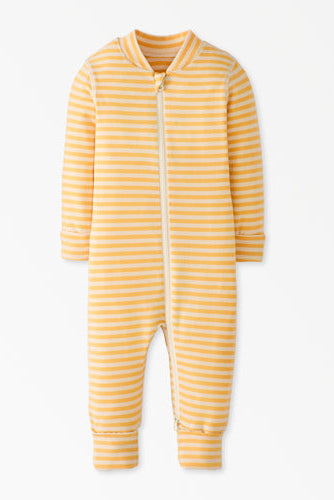 Yellow and white striped baby onesie on a white background