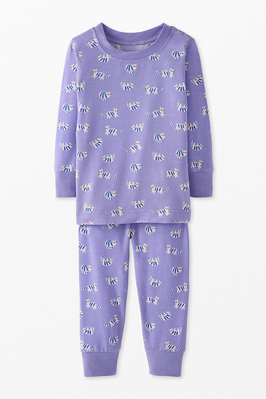 Purple children's pajama set with zebra pattern on a white background
