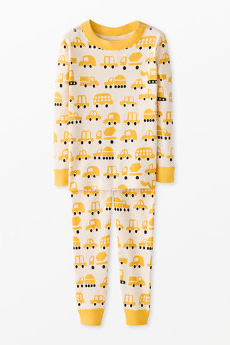 Children's pajama set with vehicle pattern on a white background