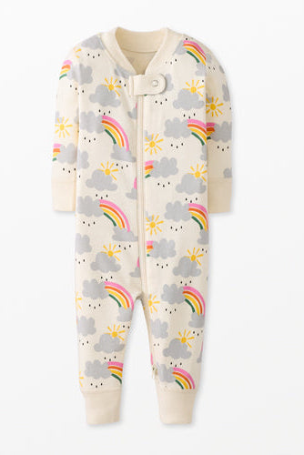 Children's onesie with rainbow and cloud pattern on a white background