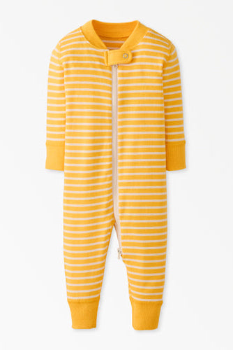 Yellow and white striped baby onesie on a white background