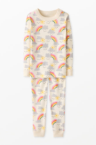 Children's pajama set with cloud and rainbow pattern on a white background