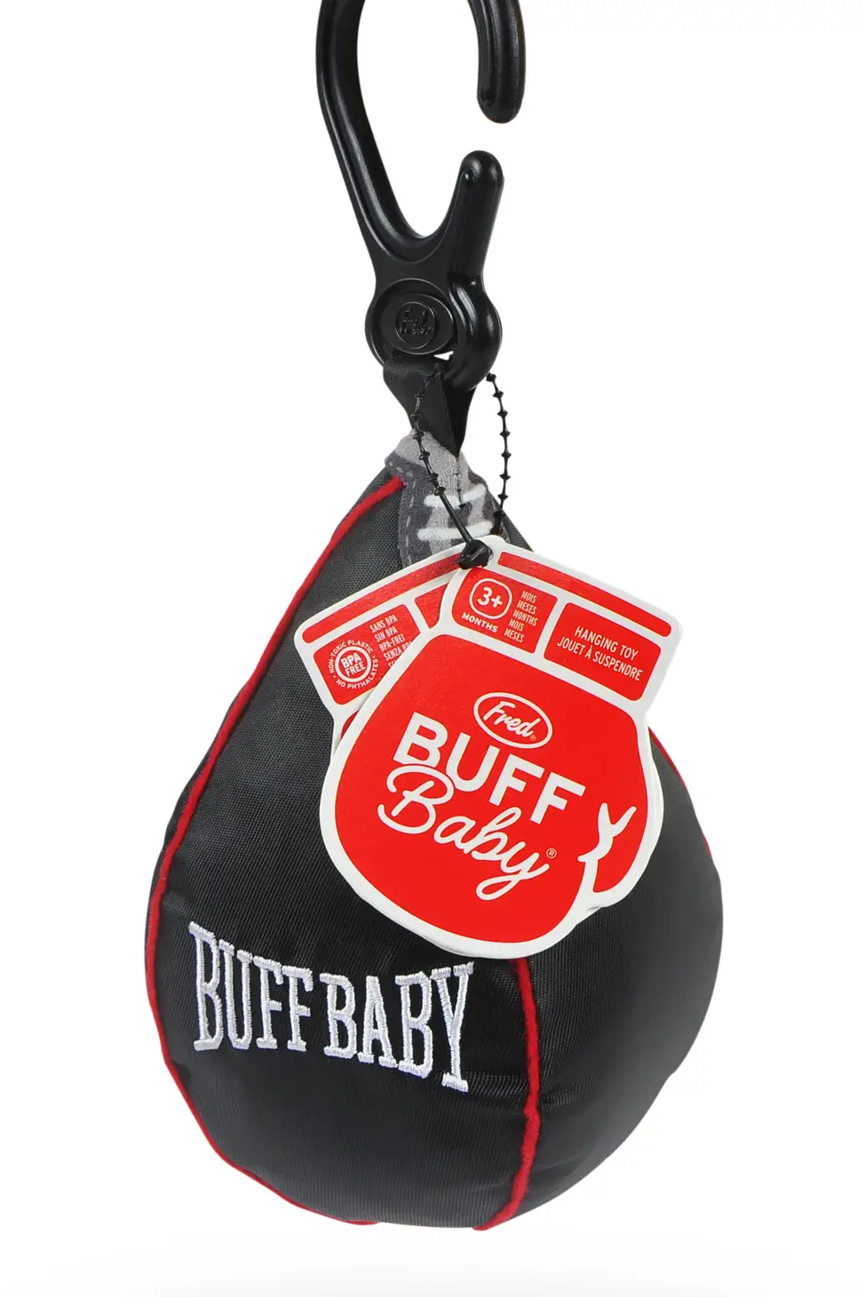 A black and red Buff Baby speedbag toy with a sensory crinkle layer, attached to a red and white tag, hanging from a carabiner.